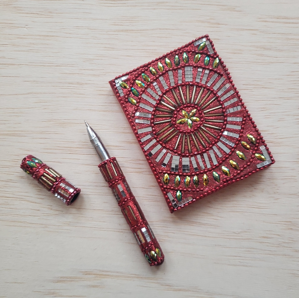 Mini Beaded Embroidered Notebook Pad & Pen Set Red
